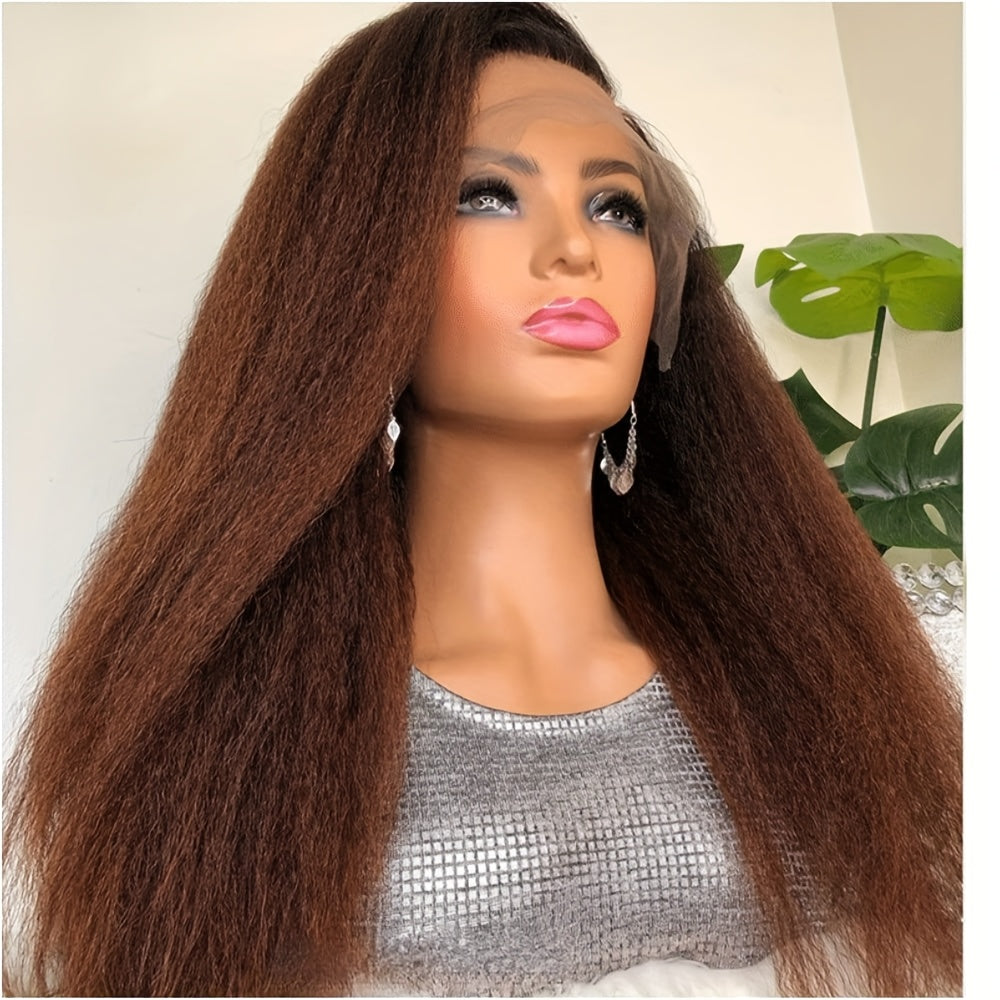 Reddish Brown Italian Yaki Straight Human Hair Wig for - 13x6 Lace Front with Pre-Plucked Baby Hair, 180% Density 32 Inch Natural Look, Elegant Style for All Ethnicities, Versatile Hairpiece | Sleek Hairpiece